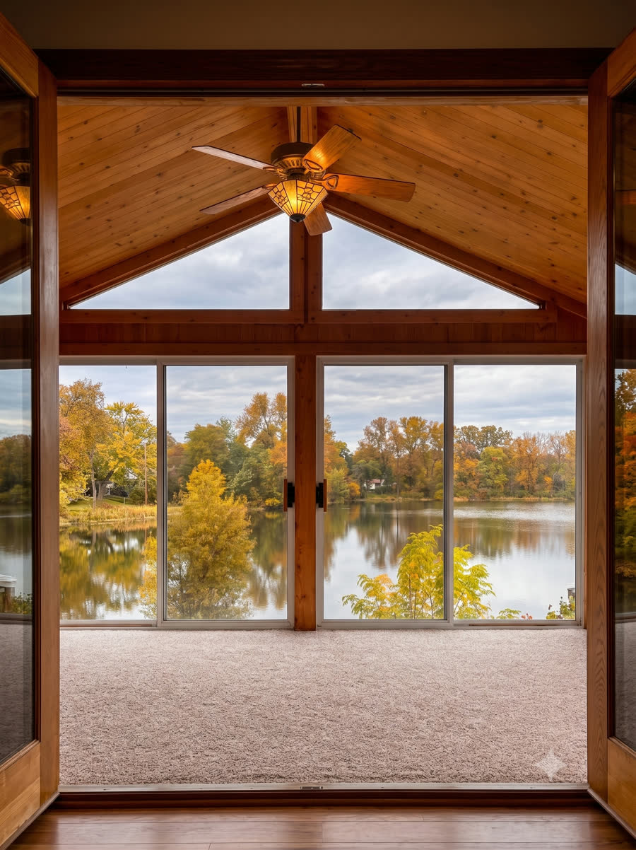 Room with a vaulted wood ceiling and floor-to-ceiling windows overlooking the lake in autumn