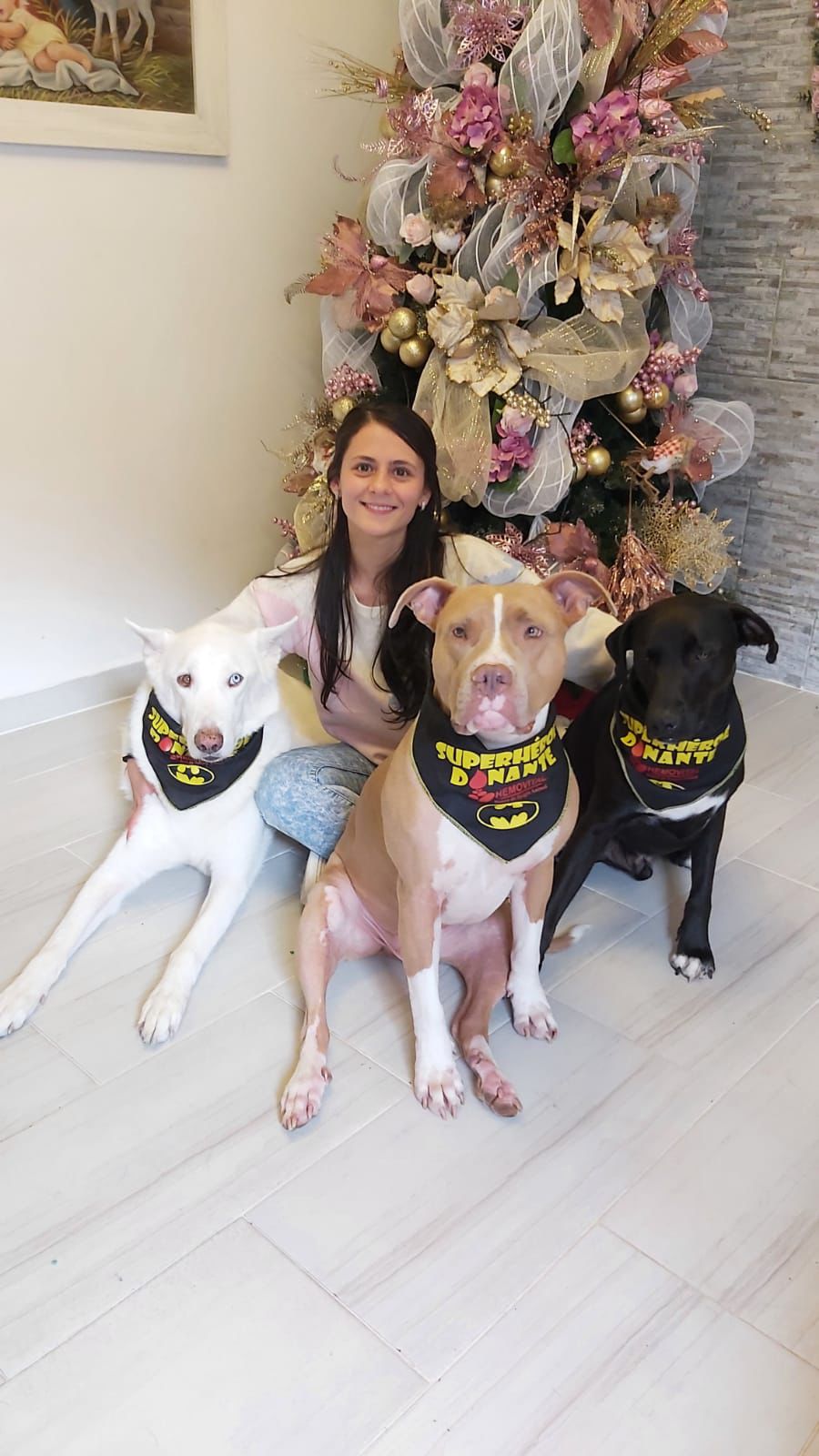 Caretaker at Chino's Pet Hotel with three happy dogs wearing bandanas
